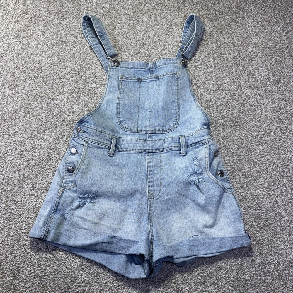 Old Navy Overalls Womens Medium Blue Denim Bib Shortalls Distressed 3 Inseam